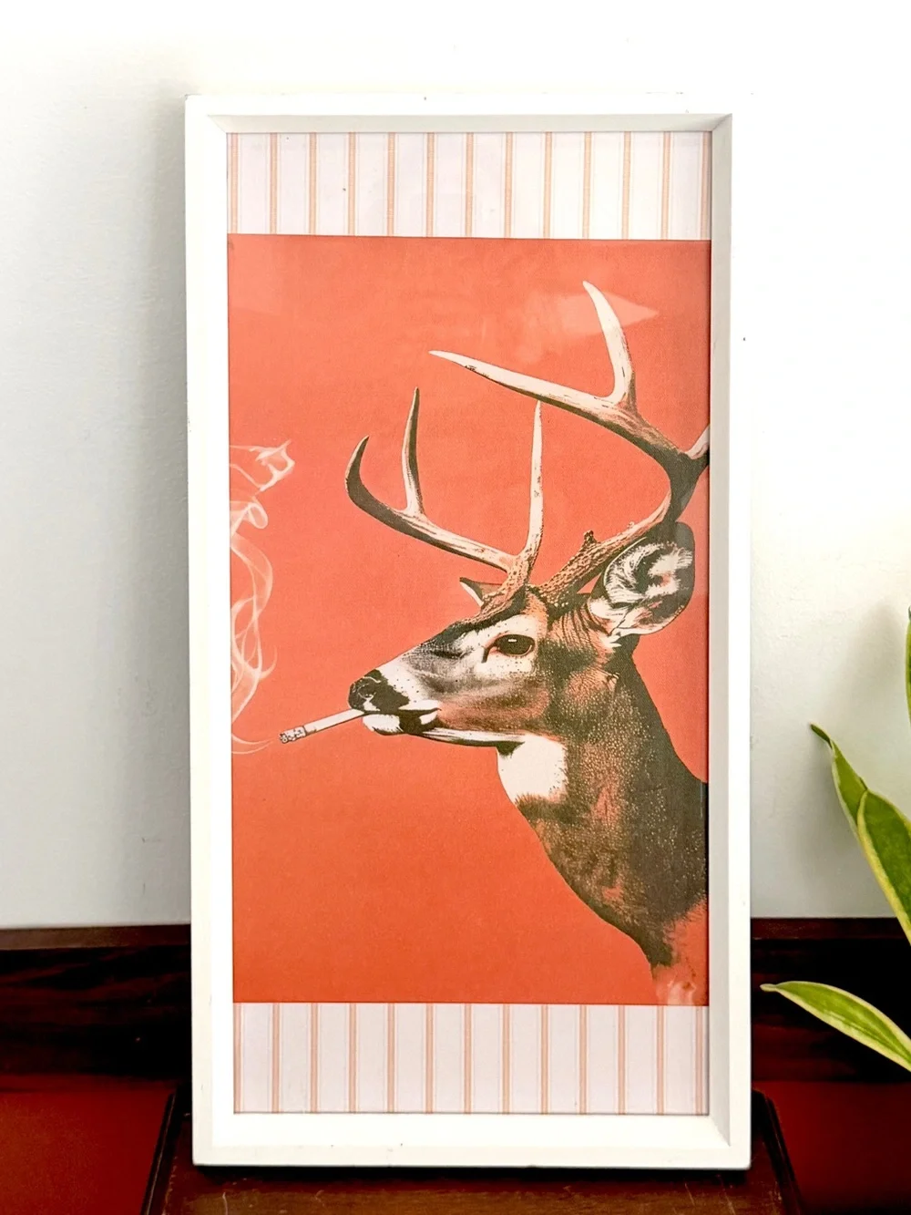 Buck Smoking a Cigarette Deer Vintage Style Canvas Art Print Stripes White Frame